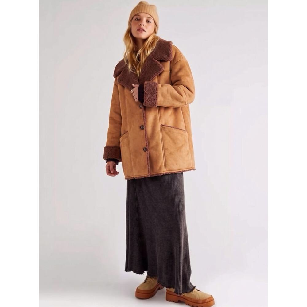 Free People Western Bohemian Retro 70s Faux Sherpa Suede Diogo Coat Size XL - Picture 13 of 13